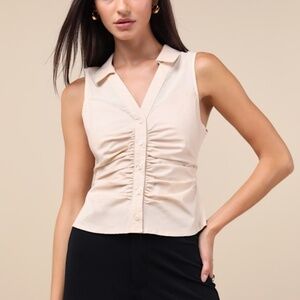 Lulus Decidedly Poised Beige Ruched Sleeveless Collared Button-up Top - Size S